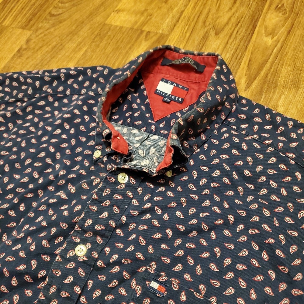Vintage‎ 90s Tommy Hilfiger Shirt Men XL Blue Paisley Long Sleeve Preppy